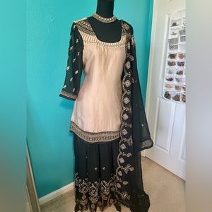 Beige Embroidered Long Choli Lehenga